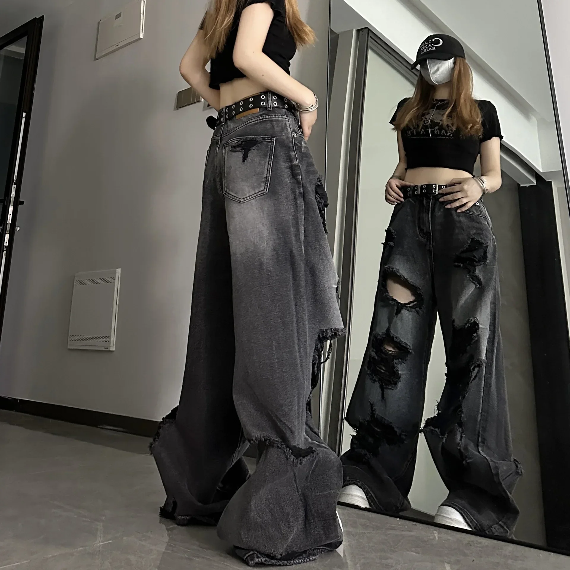 

Ripped Jeans Cool Girl Wear High Street Pear Shape Body Loose Straight Versatile Wide Leg Pants Spring and Autumn