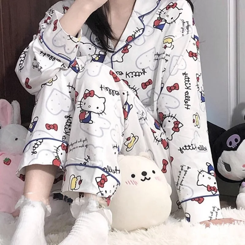 Sanrio Hello Kitty autumn new cute casual cotton pajamas female cartoon animation simple loungewear set