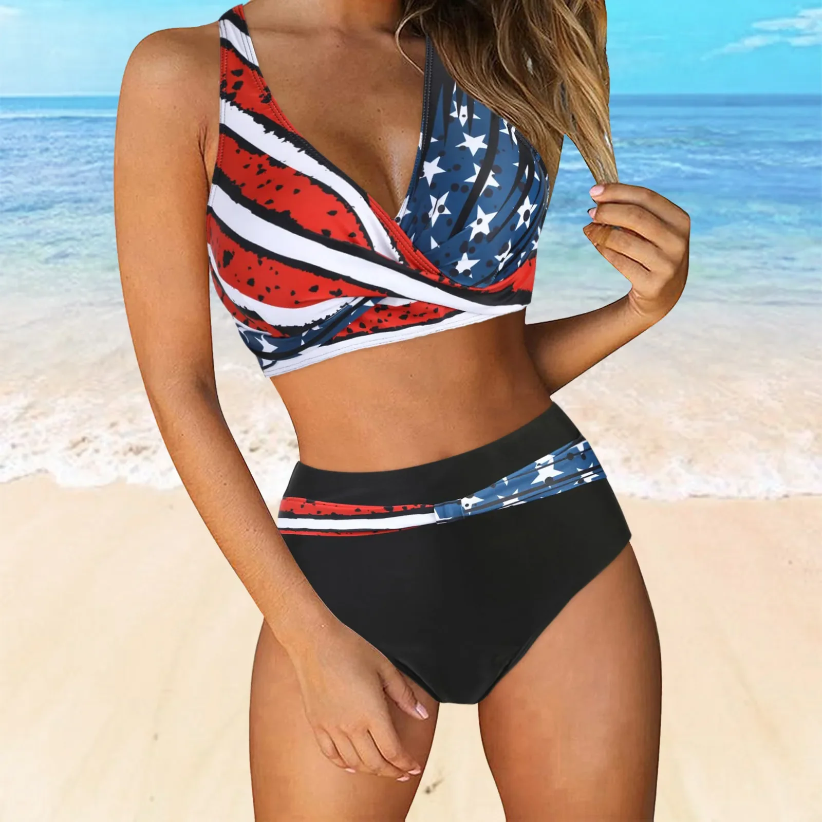 

Women Flag Print High Waisted Bikini Sexy Push Up Two Piece Sexy Halter Three-point Bikini Backless Adjustable Lace-up Swimsuit