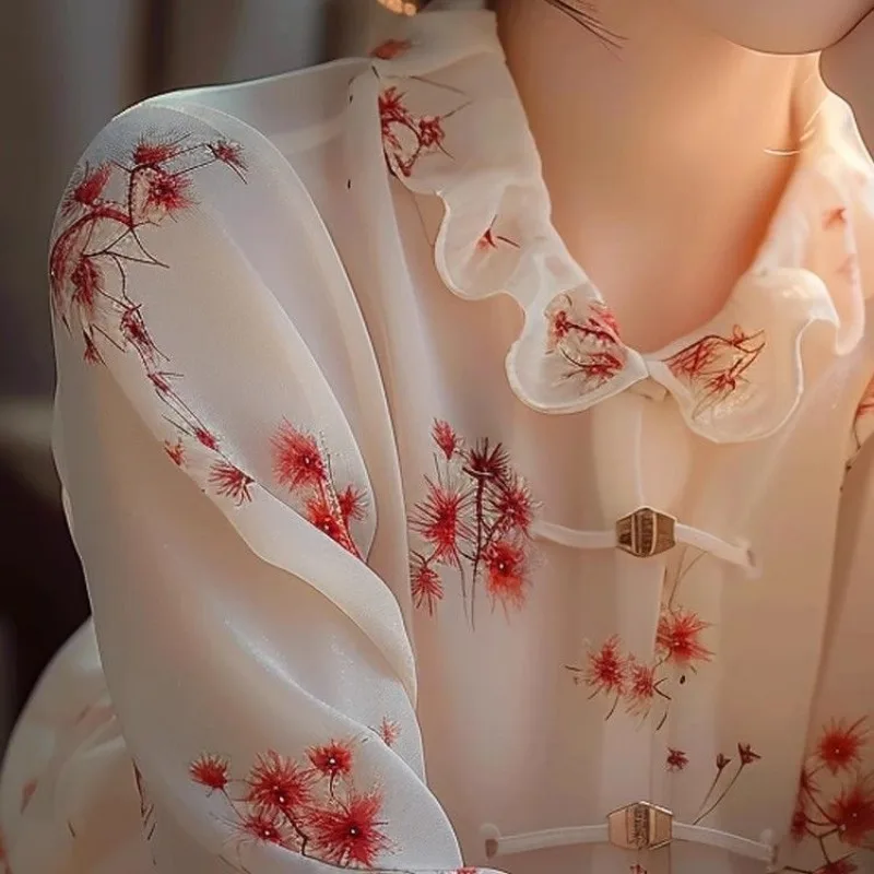 2024 Spring New Chinese Style Chic Splicing Edible Tree Fungus Chiffon Long Sleeve Blouses Button Loose Pullover Women\'s Shirts