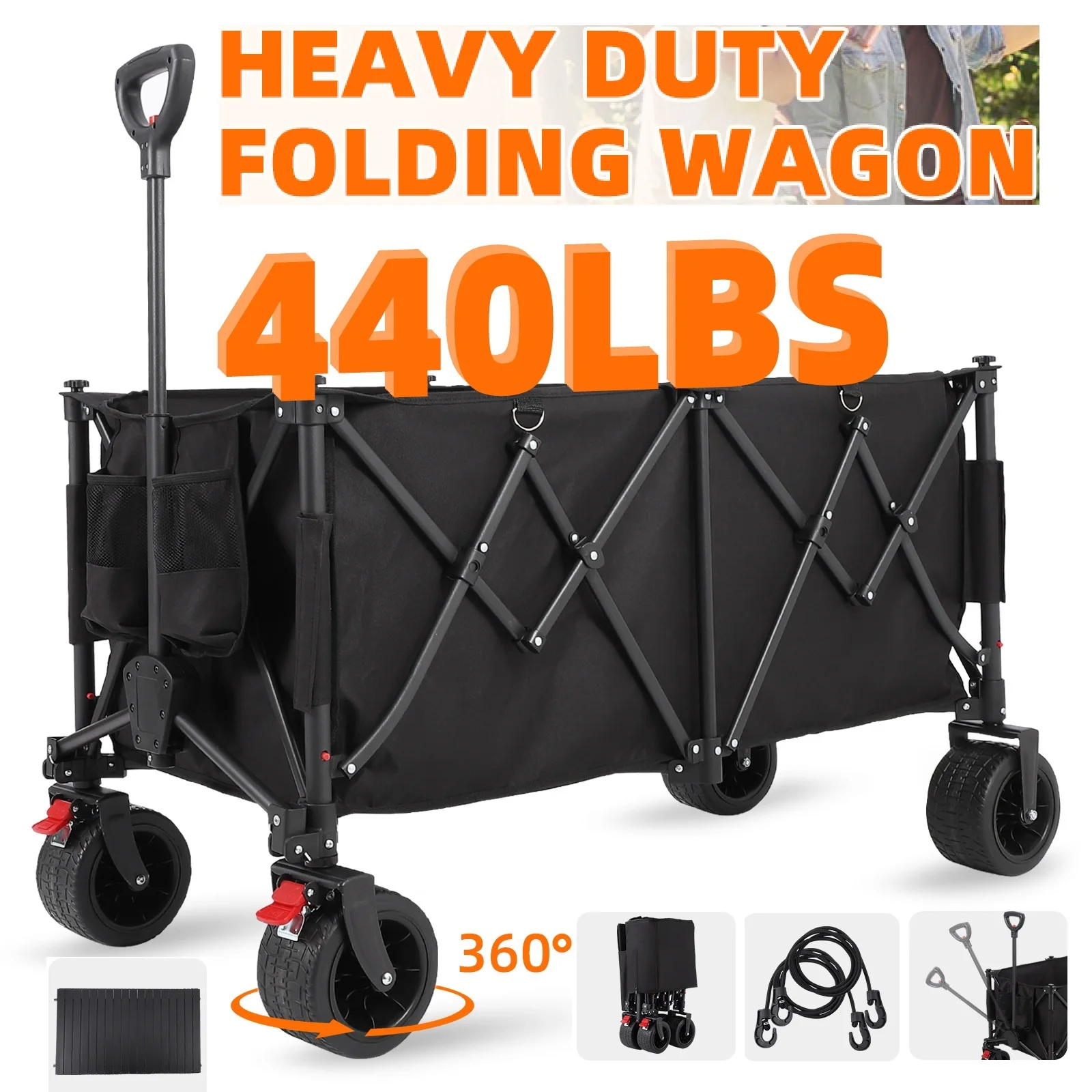 260L Collapsible Foldable Wagon With 440lbs Weight Large Capacity Folding Utility Garden Cart With Table Top Cup Pockets Brakes