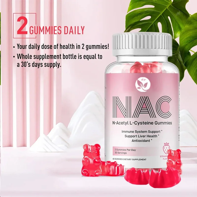 Nac Gummies 600 mg, suplementos de acetilcisteina para antioxidantes y apoyo inmunológico, salud de las pulpos y el hígado, sabor natural de fresa