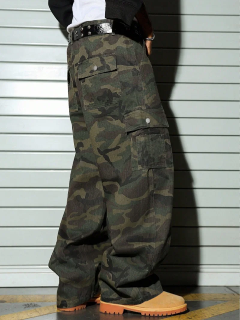 Men's Vintage Camo Baggy Cargo Jeans, American High Street Multi-Pocket Loose Straight Fit Washed Casual Pants