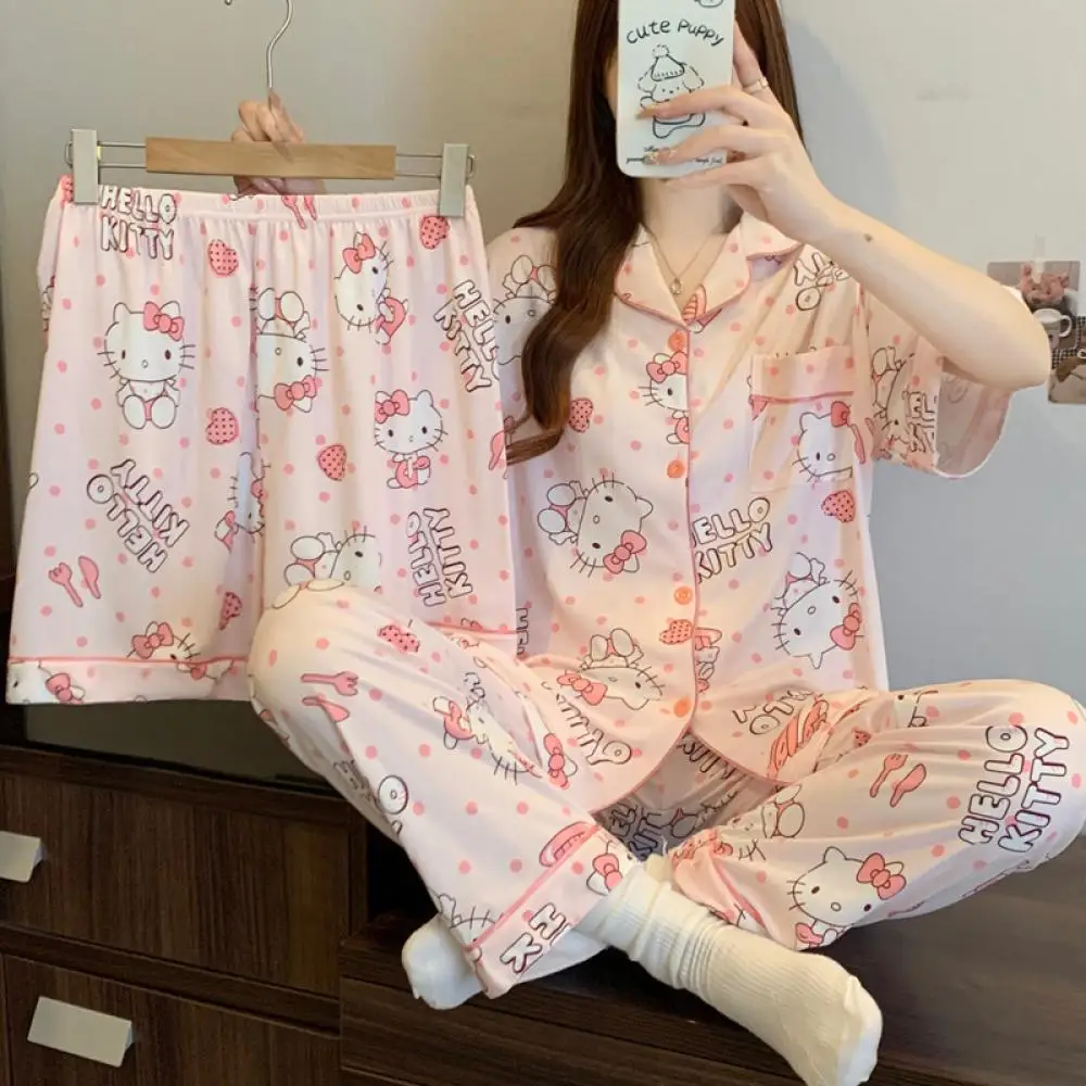 Cartoon 3 pezzi pigiama completo Hello Kitty vestiti estivi per la casa Anime Kawaii top pantaloncini pantaloni per donna cotone casual indumenti da notte larghi