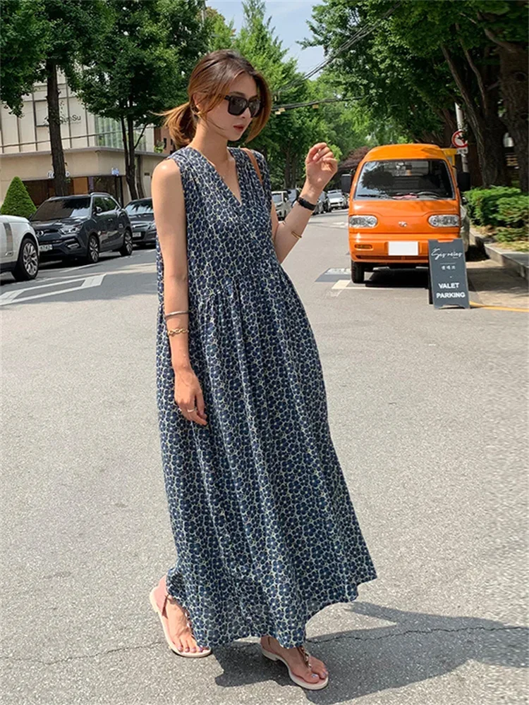 Summer New Sleeveless Women Floral Dress New Korea Fashion Vintage Woman Casual Loose Office Pullover Chiffon Print Long Dresses