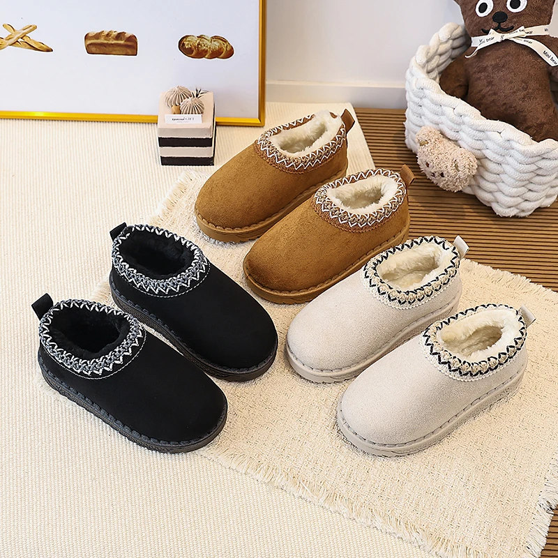Winter Boys Girl's Snow Boots Plush Slip-on Warm Kid's Flat Shoe Solid Colors Anti-slip Daily Fashion Versatile Children Shoes