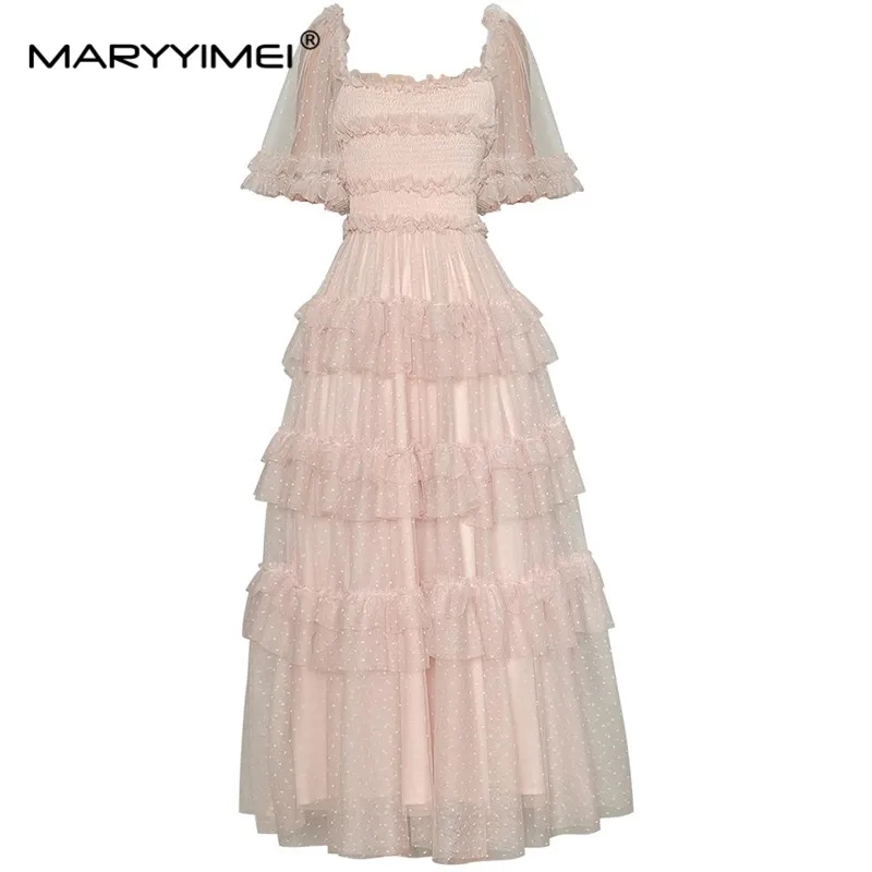 

MARYYIMEI Designer Summer Women's Fashion Ball Gown dress Square Collar Open back Mesh Cascading Ruffle Holiday Party Dresses