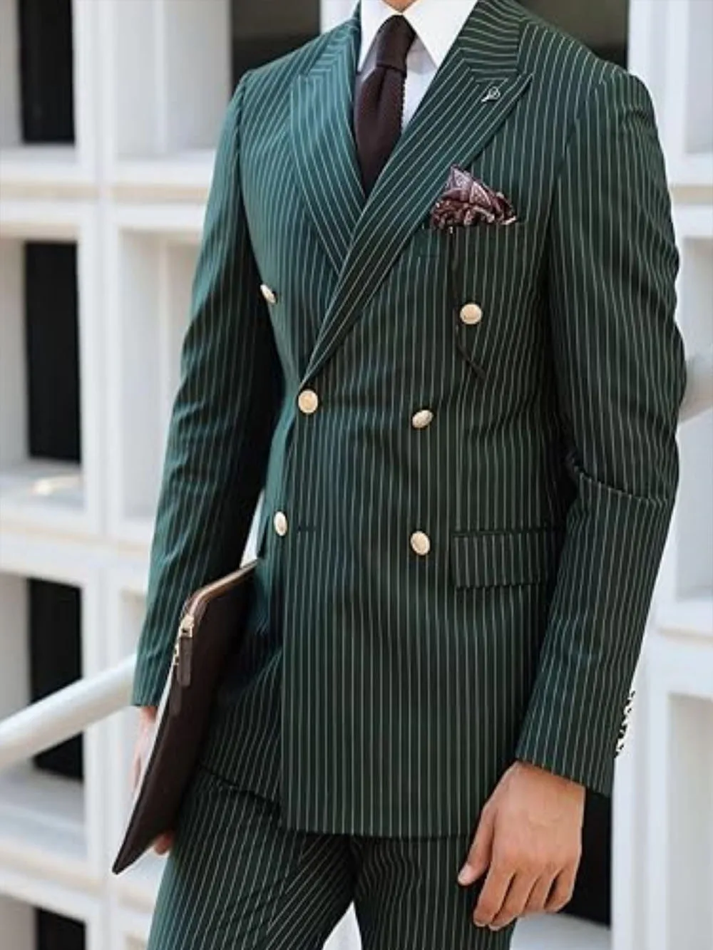 بدلات رجالية مخططة سوداء 2 قطعة طية صدر السترة مزدوجة الصدر ملابس رجالية للحفلات الراقصة وحفلات الزفاف الأنيقة (سترة + بنطلون) فستان العريس