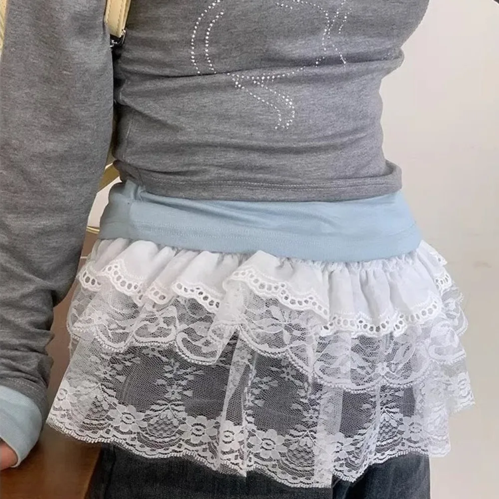 

Embroidered Flower Lace Layered Gauze Skirt See Through Y2K Streetwear Ruched Skirts Harajuku Lace Up Ruffles Skirt