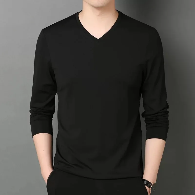 2024 Long Sleeve Men's Spring Autumn Thin Slim Fit Casual V-neck Pullover T-shirt Inner Top Base Layer Clothing