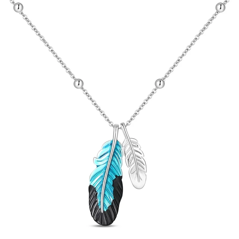 New 925 Sterling Silver Black Feather Blue Flame Necklace Sparkling Zircon Necklace For Women Fashion Birthday Jewelry Gifts