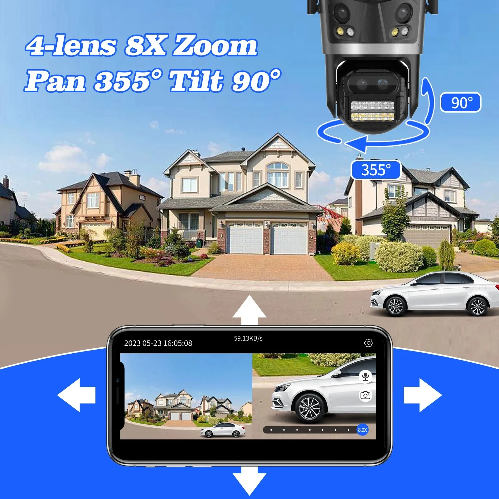 Gadinan في الهواء الطلق واي فاي كاميرا IP PTZ 4-Lens 4-شاشة مراقبة الفيديو 12MP 8X التكبير اللون للرؤية الليلية CCTV كاميرات المراقبة