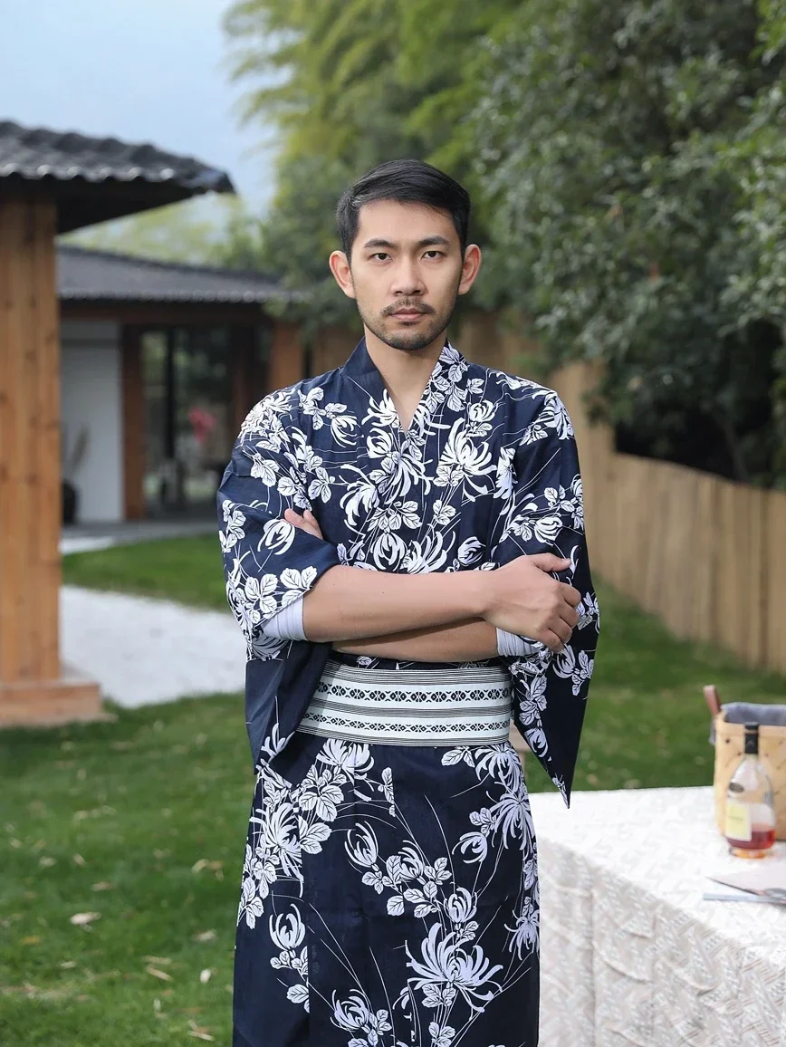 

Japanese Kimono With Belt Men's Traditional Formal Wear Iron-free Travel Photography Props Male Leisure Dress