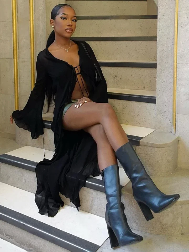 솔리드 드레스 여성 러플 레이스업 여름 트렌드 시스루 긴팔 딥 브이넥 스트리트웨어 Y2K 카디건 바디콘 클럽웨어