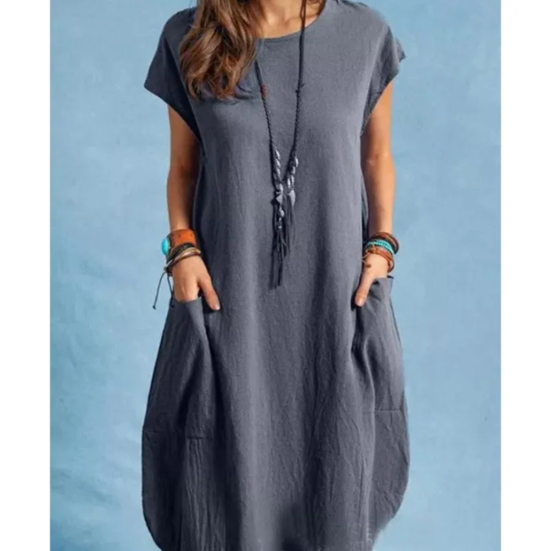 Summer Breathable Cotton Linen Solid Color Dresses Female Comfortable Casual Loose Dressy Women\'s Crew Neck Double Pockets Gown