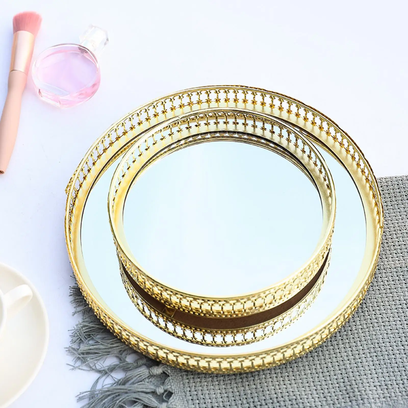 Perfume Jewelry Tray Mirror Tray Vanity Decorative Tray with Round Gold Metal