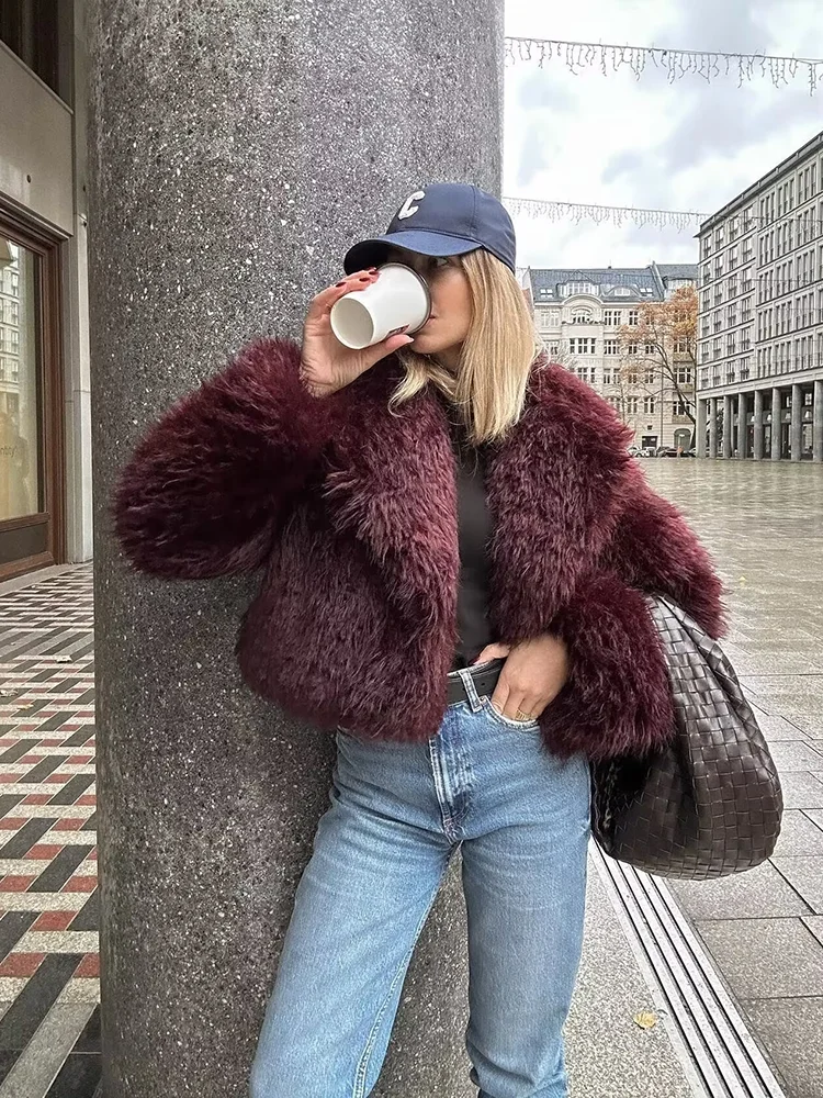 SIYANG Winter Women Wine Red Faux Fur Jackets Female Thick Warm Turn-down Collar Coats Ladies Chic Outerwear