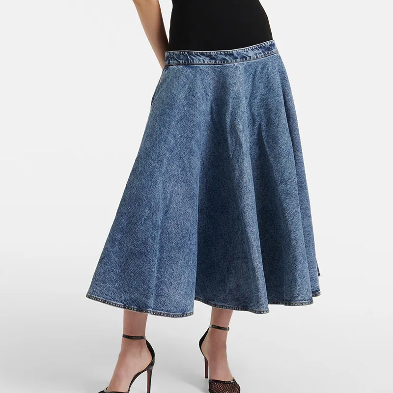 

Runway New Knitted Thread Splicing Big Swing Denim Skirt Women Summer Fashion High Waist Retro Maxi Skirts High End Y2K Clothes