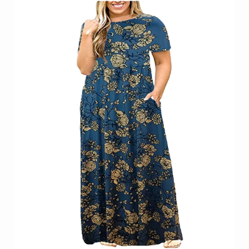 Verão 2024 plus size feminino redondo ne ort sve impresso longo dr cor pura moderno sle midi dr para senhoras plus size