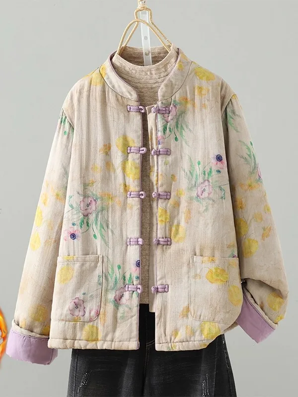 

Новая китайская фиолетовая хлопковая куртка с пуговицами, женская зимняя теплая универсальная куртка в стиле дзен