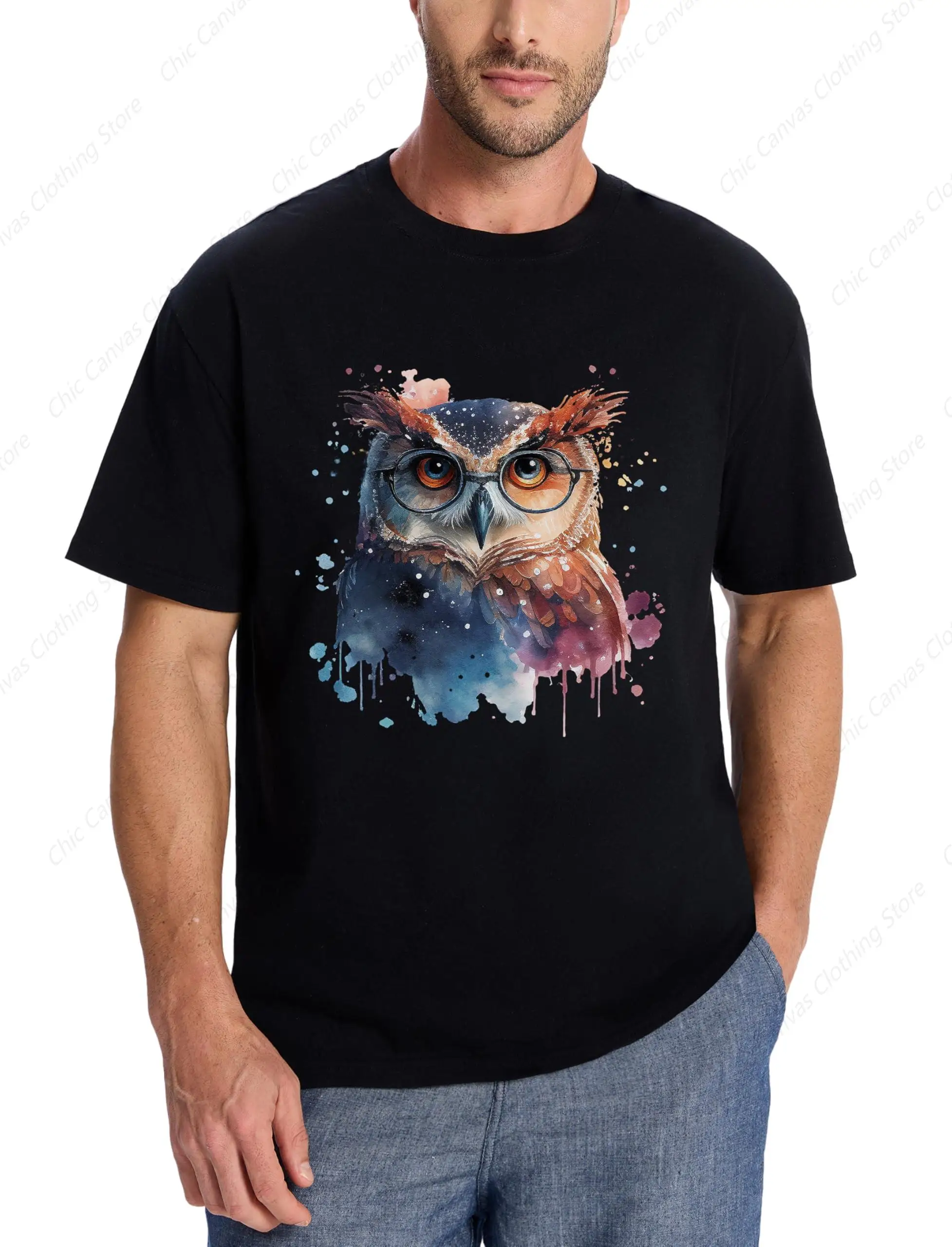 

Мужская футболка из 100% чистого хлопка с короткими рукавами и принтом совы, с струйным принтом, свободный повседневный топ с круглым вырезом, крутой узор, черный