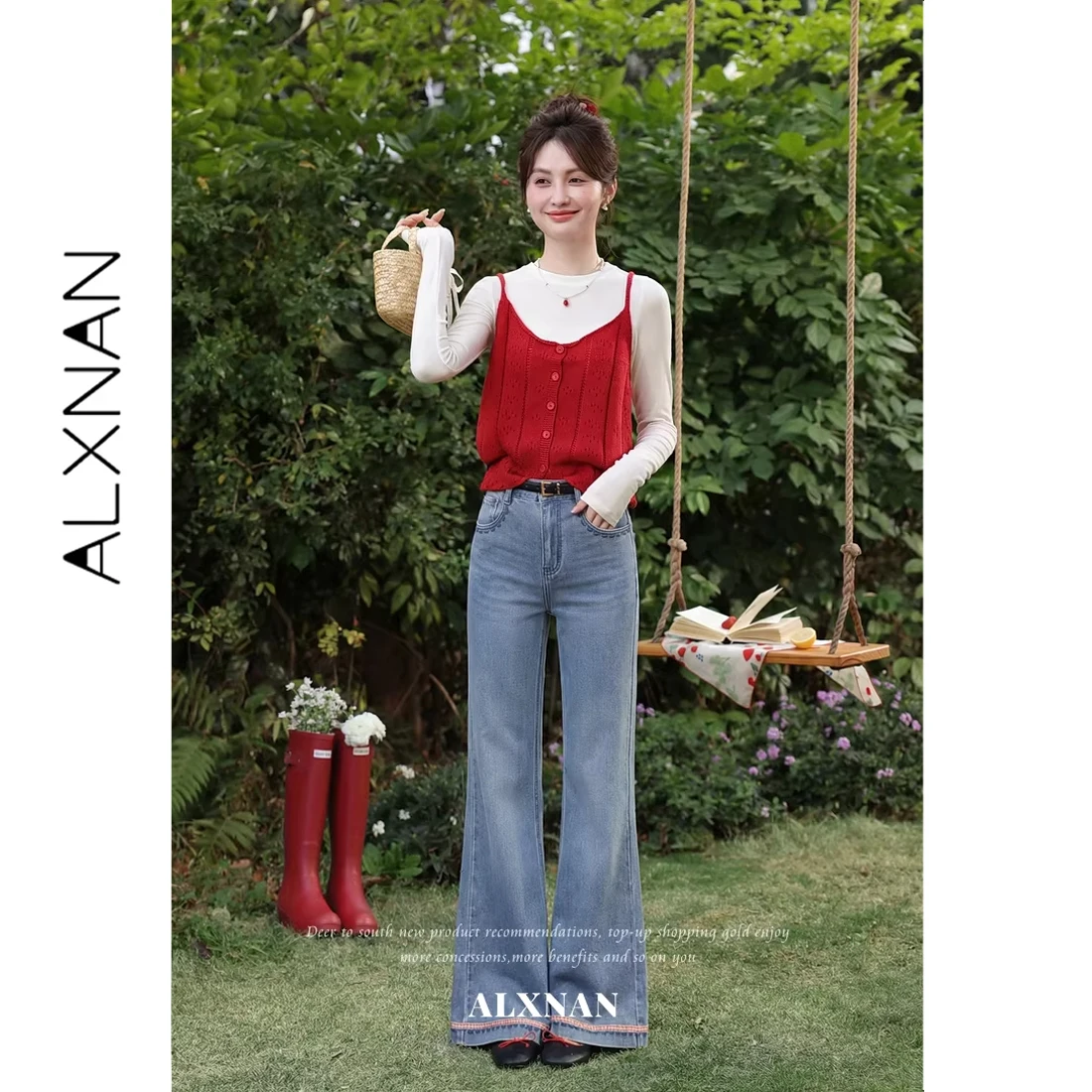 

ALXNAN Blue Flared Jeans 2026 Summer Casual Long Denim Pants Women Vintage Cotton Elegant High Waist Baggy Pants Female L61803-3