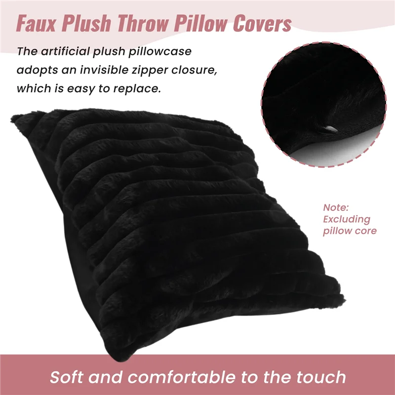 PBフェイクファーぬいぐるみブラックスローピローカバー、ふわふわストライプ枕カバー、クッションカバー、18 x 18インチ、装飾ソファ、カウチ、寝室用、B Dura