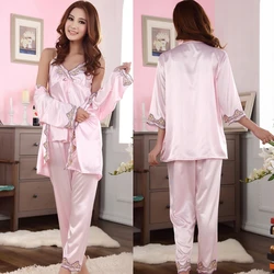 Summer Women Silk Pajamas Set New Brand Home Apparel Fashion Silky Pink Lace Embroideried Three-Set Nightgown Ladies Sleepwear