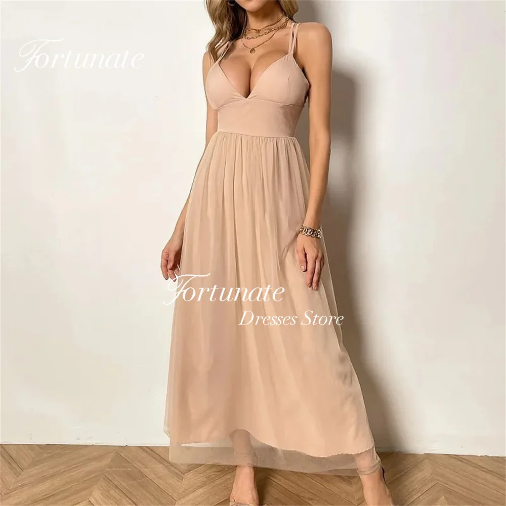 

Fortunate Simple Ankle Length Tulle Spaghetti Strap Evening Gowns V Neck Backless Sleeveless Bridesmaid Dresses Formal Occasions