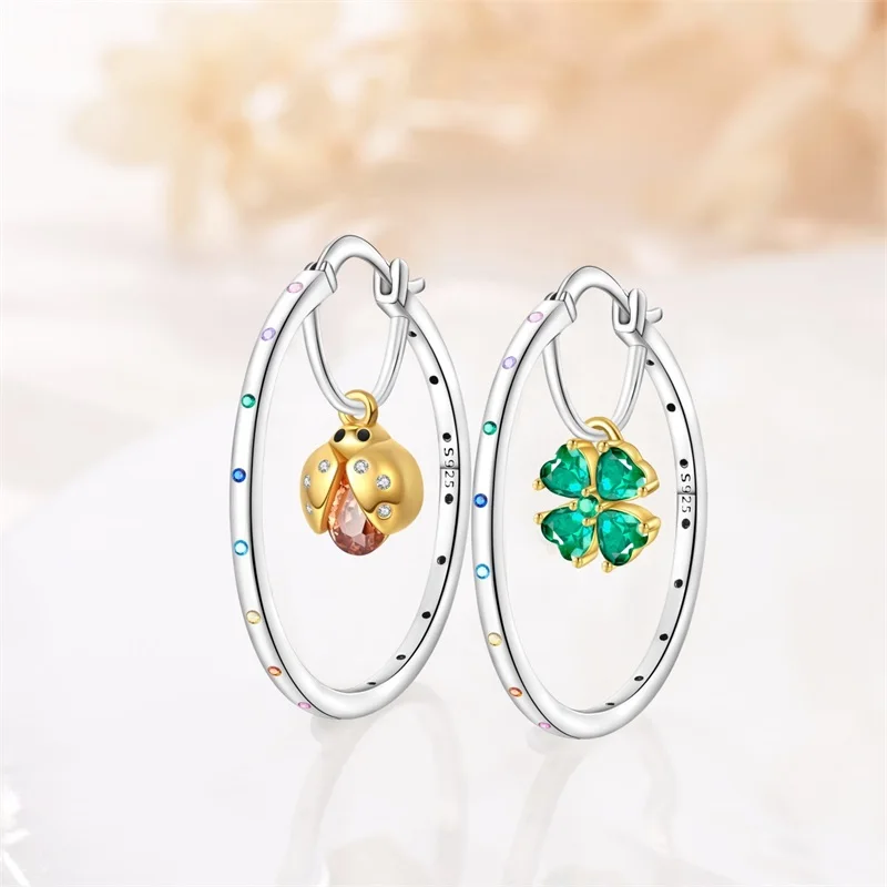 S925 Sterling Silver Oval Hoop Earrings Women Asymmetric Ladybug & Four Leaf Clover Dangle Earrings Zircon Lucky Charm Ear Gift