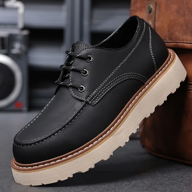 Men\'s British Retro Casual Shoes Men Thick Sole Heightened Fashion Work Shoes Mens Lace-up Comfortable Outdoor Flats Oxfords