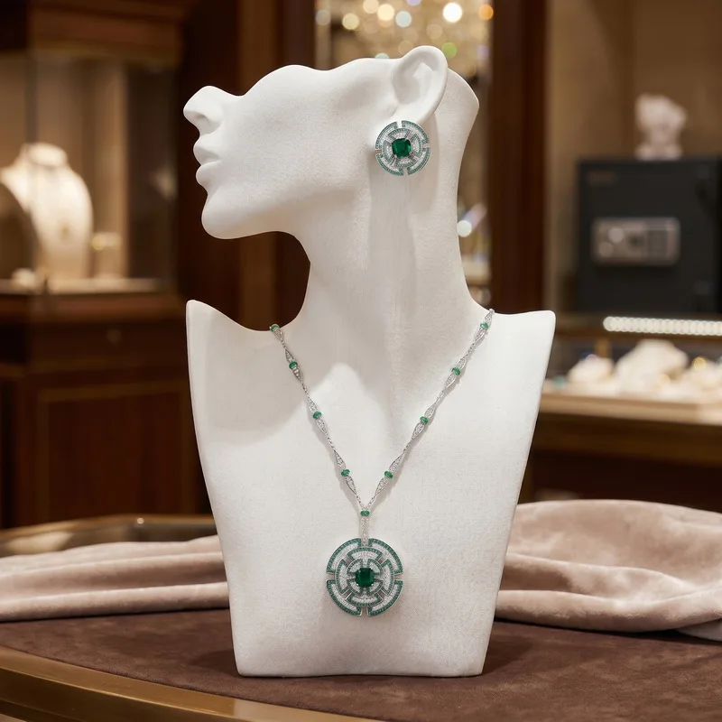 Europe America Long Necklace Earrings Women Inlay Green Cubic Zircon Synthetic Emerald Round Layered Pendant Party Jewelry Sets