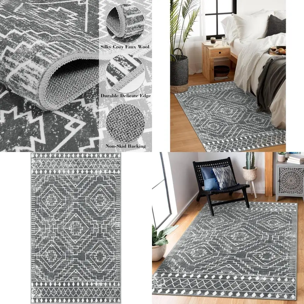 

Moroccan 3x5 Bohemian Rug, Washable Living Room Floor Mat, Non-Slip, Non-Shedding Geometric Pattern for Bedroom, Kitchen, or Ent