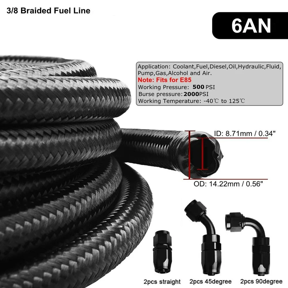 Kit di raccordi per tubi flessibili olio/gas/carburante da 20 piedi in nylon intrecciato 6AN Rosso-nero/nero
