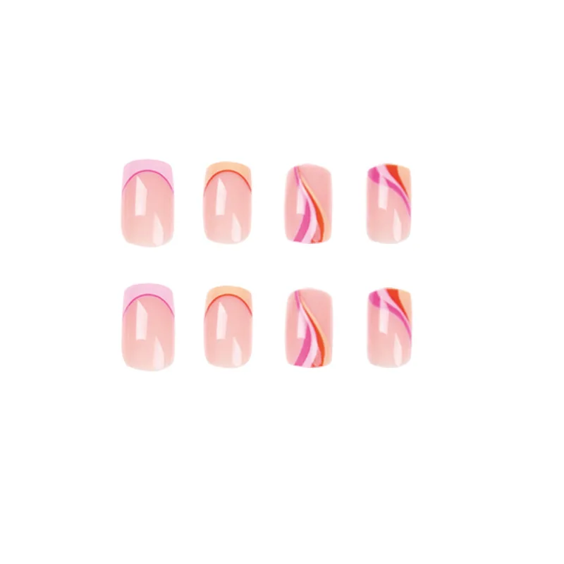 24Pcs rectangular False Nail French orange pink border with four-color waves Wearable Manicure Press ON Nails Solid