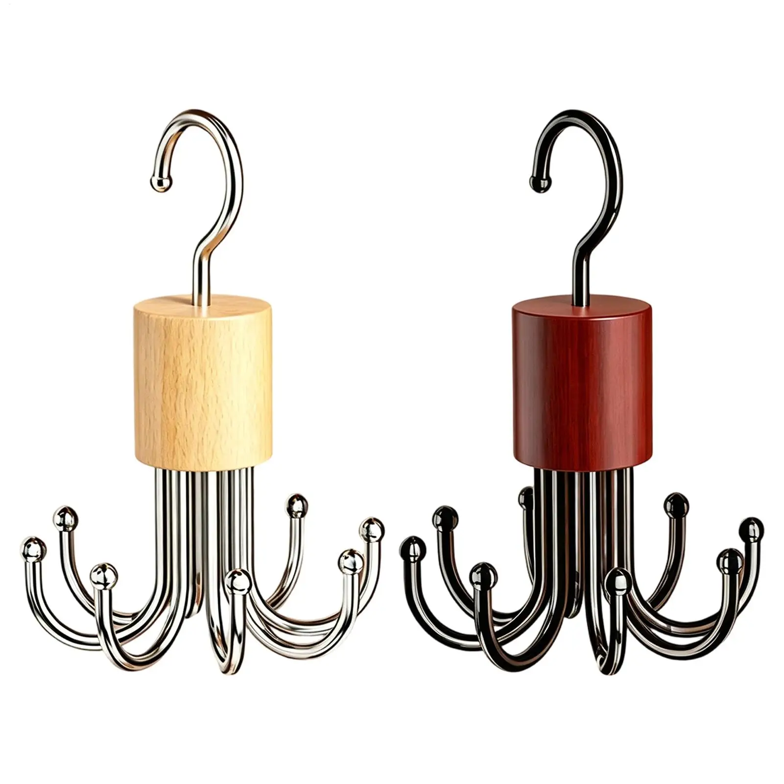 

360 degrees Rotating Octopus Hook with 8 foldable hooks and fixing clips wooden Belts storage Rack for bras scarves belts ties