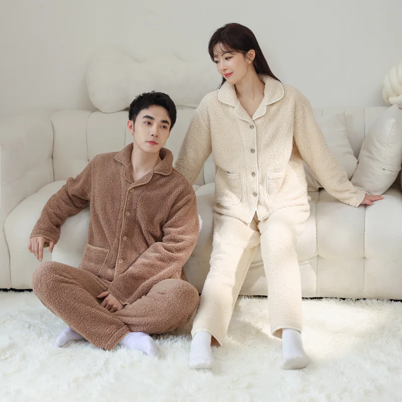 New Couple Pajamas Suit Male Female Double-sided Fleece Lapel Cardigan Homewear Men Women Thickened Coral Fleece Warm Loungewear