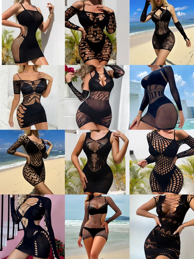 18 Styles Fishing Net Erotic Underwear Exotic Nightclub Bodycon Dress Women\'s Sexy Clothing See Through Hollow Mesh Short Skirt