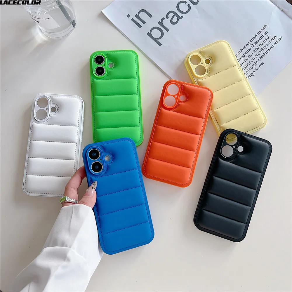 Winter Down Jacket Airbag Puffer Bumper Case For iPhone 16 15 14 Plus 13 12 11 Pro Max Candy Lens Protective Armor Cover Funda