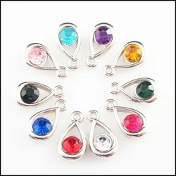 Fashion 30Pcs Mixed Crystal Dull Silver Plated Teardrop Circle Charms Pendants 9.5x17.5mm