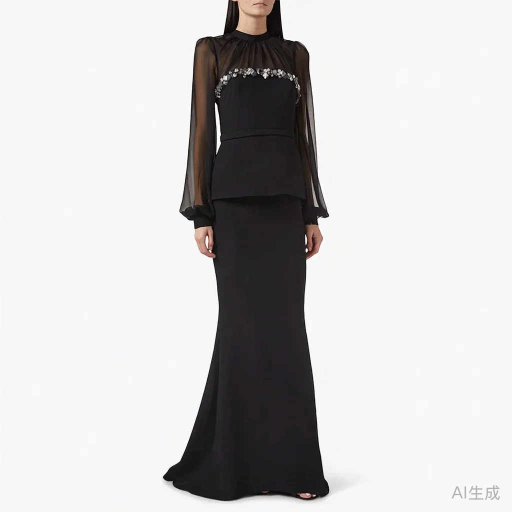 

Черное платье для выпускного вечера по индивидуальному заказу Вечернее платье с круглым вырезом и длинными рукавами-фонариками Вечернее платье длиной до пола, расшитое бисером, Саудовское платье