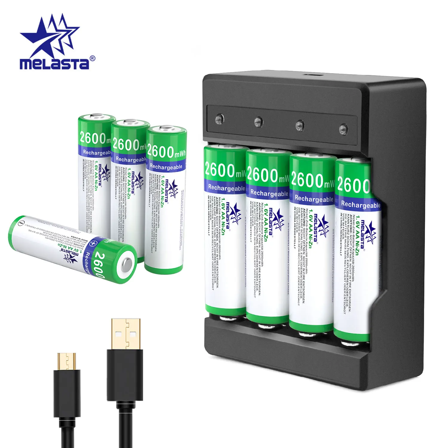 Melasta NIZN AA 1.65 فولت 2600mWh بطارية قابلة للشحن مع 4 فتحات LED شاحن USB Ni-Zn بطاريات قابلة للشحن للعب كاميرا MP3