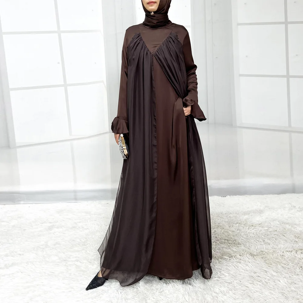 

Eid Ramadan Satin Abayas for Women Muslim Evening Party Dress Dubai Kaftan Mesh Patchwork Caftan Marocain Femme Robe Jalabiya