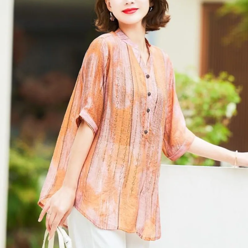 

Simplicity Summer Women's Standing Neck Diamonds with Shiny Silk Buttons Fashion Versatile Casual Loose 3/4 Sleeve Shirt Tops