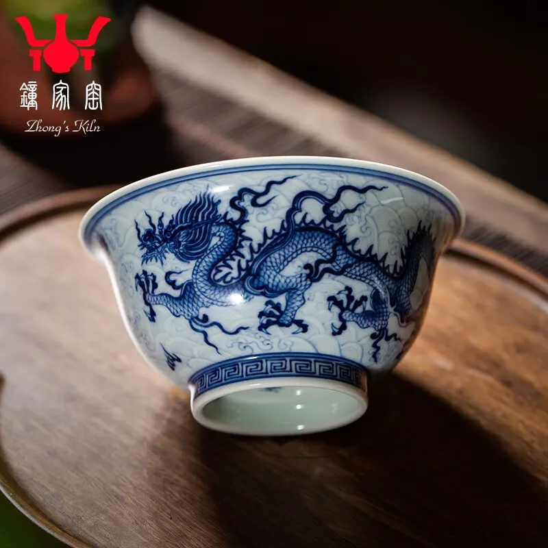 Zhongjia Kiln Master Cup Jingdezhen Blue and White Wood Kiln Dragon Pattern Ceramic Cup Personal High-End Kung Fu Tea Set Tea Ta