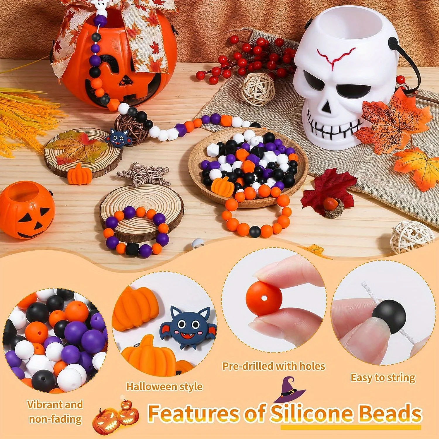 59 Pieces Halloween Silicone Beads, Pumpkin Skull Shape Ghost Bat Polygonal Beads for Home Decoration Crafts Bracelet Keychain