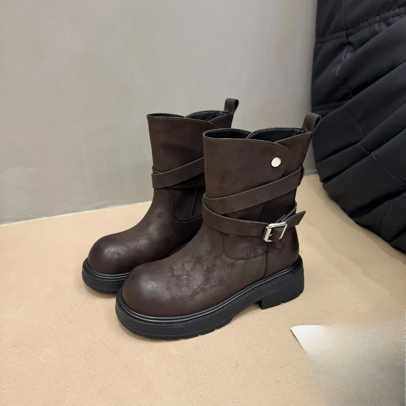 

Retro Fashion Block Heel Short Shoes Autumn New Round Toe Sleeve Platform Non-slip Women's Shoes