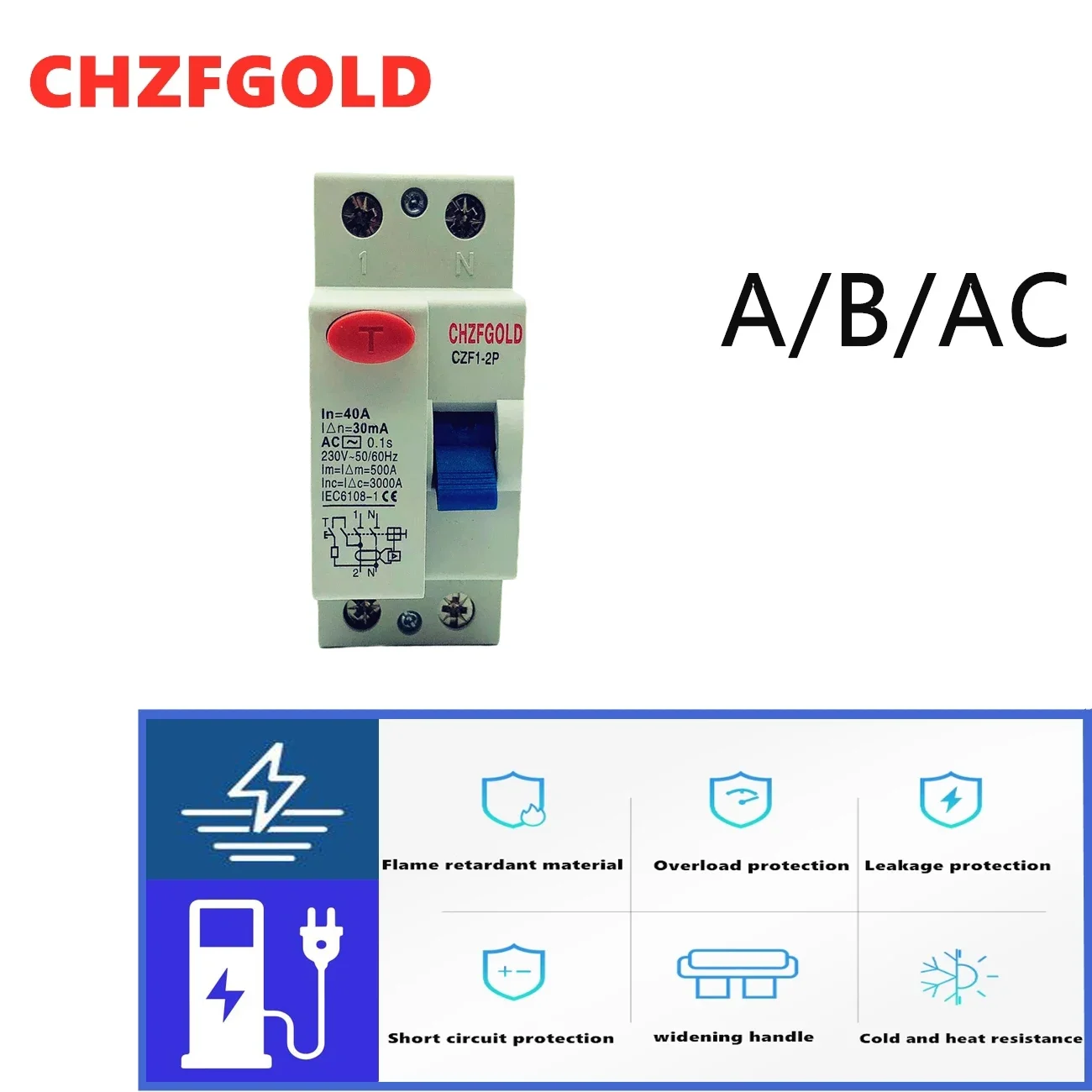 

CHZFGOLD CZK6 RCCB 7- 2P 16A 25A 32A 40A 63A 80A 100AResidual Current Circuit BreakersurgeprotectorbreakerA/AC/B30MA100MA300MA