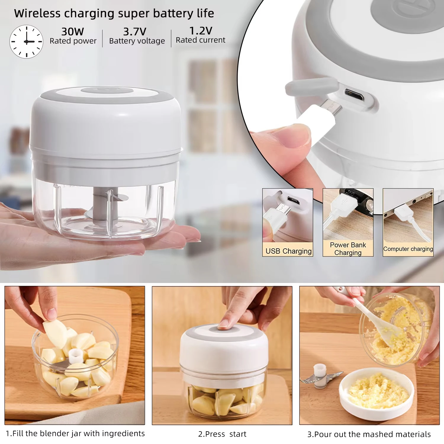 Electric Kitchen Food Chopper Mini Garlic Masher crusher USB Portable Meat Grinder Vegetable Chopper for Kitchen Gadgets image 3