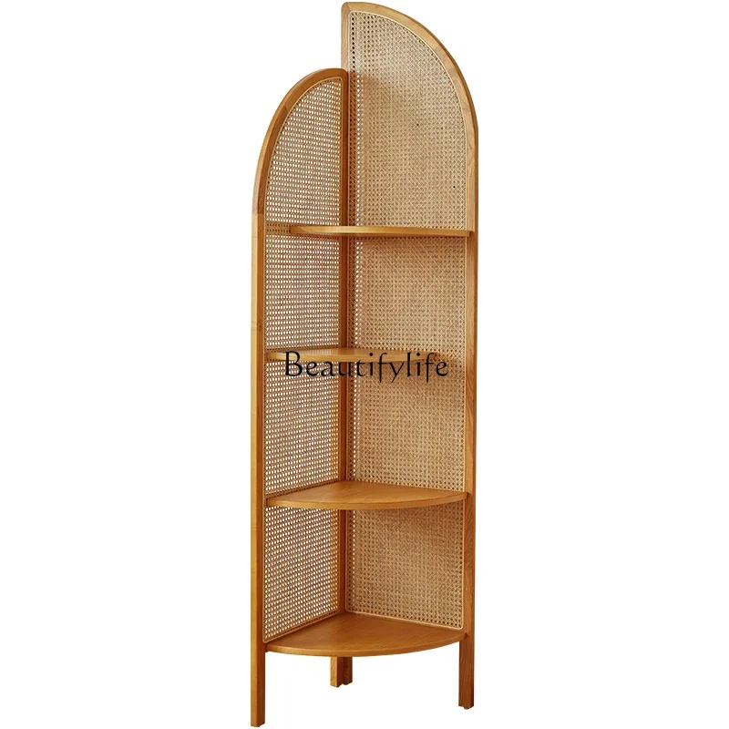 

Nordic Japanese Solid Wood 90 Degree Corner Cabinet Rattan Corner Right Angle Corner Shelf